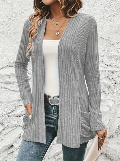 Solid Open Front Rib Knit Cardigan