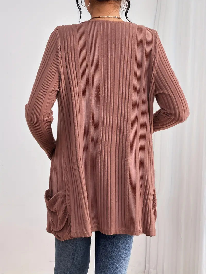 Solid Open Front Rib Knit Cardigan